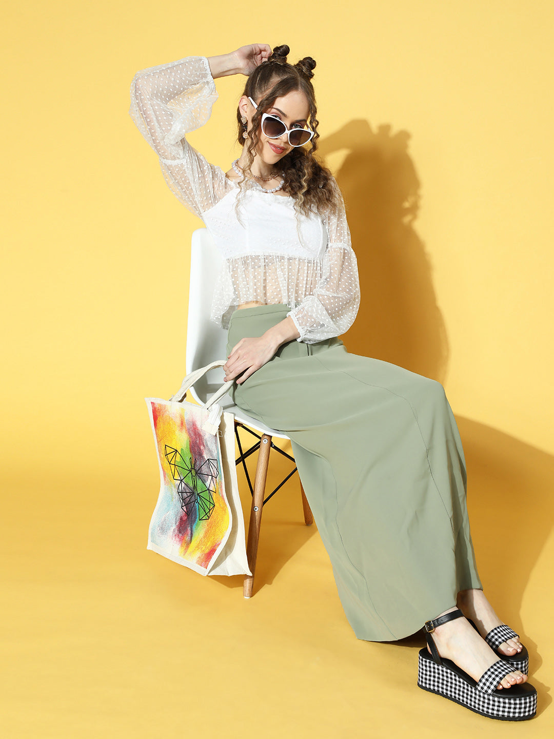 Athena White Full-Sleeve Dobby Sheer Top
