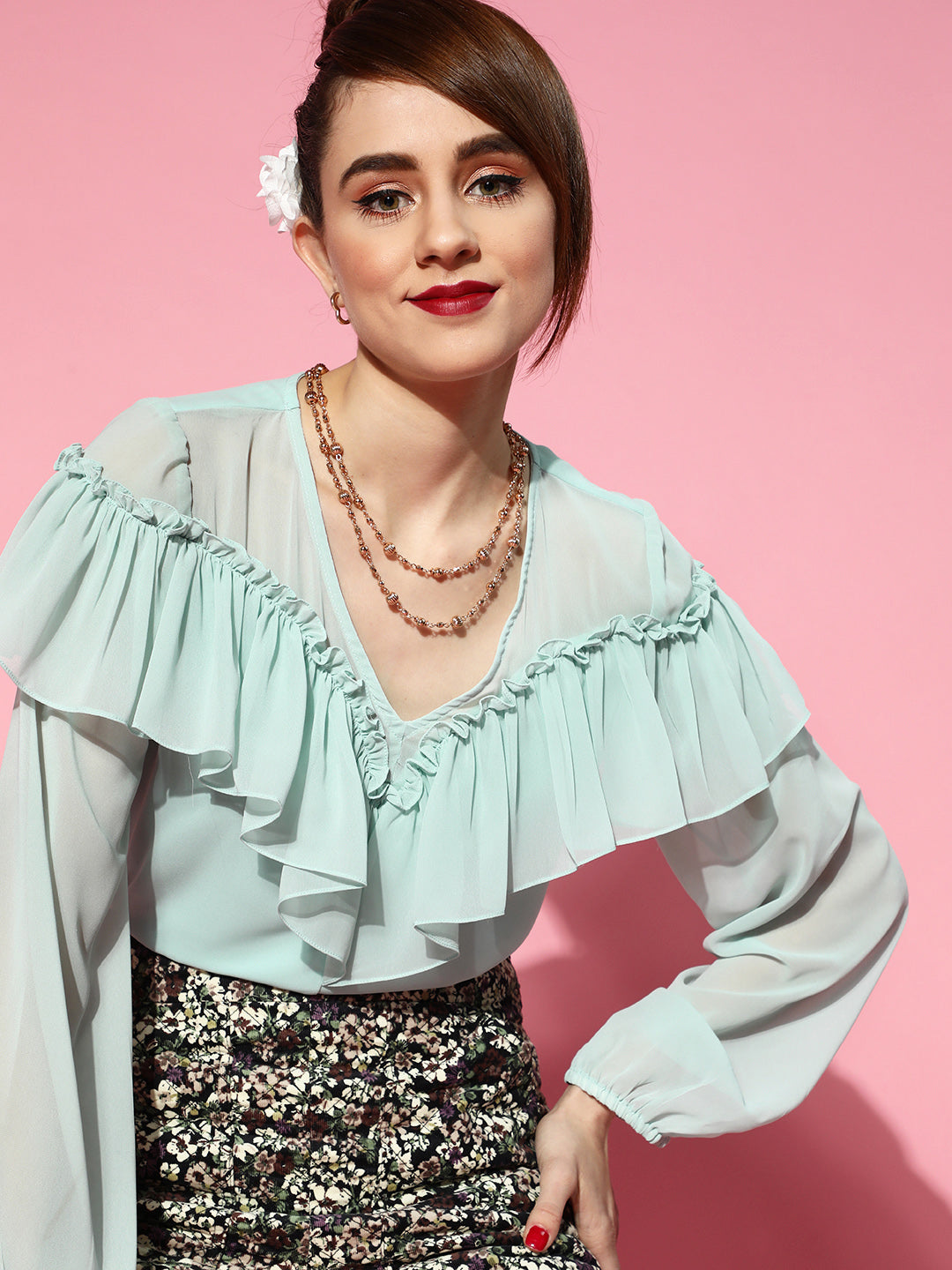 Athena Aloe Green Pink V-Neck Detail Full-Sleeve Top
