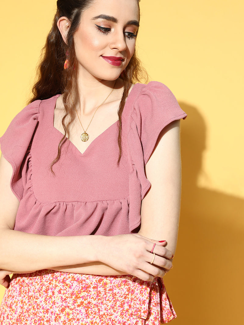 Athena Women Rose Solid Ruffled Top