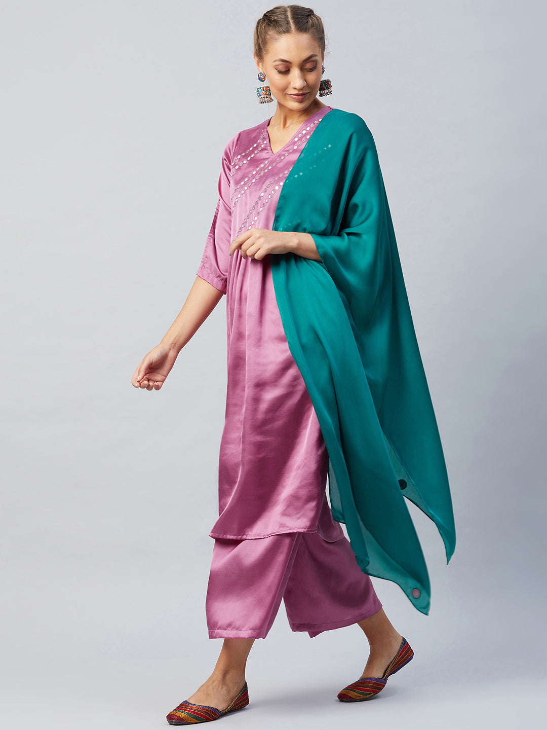 Athena Women Purple Pleated Mirror Work Kurta With Palazzos Dupatta