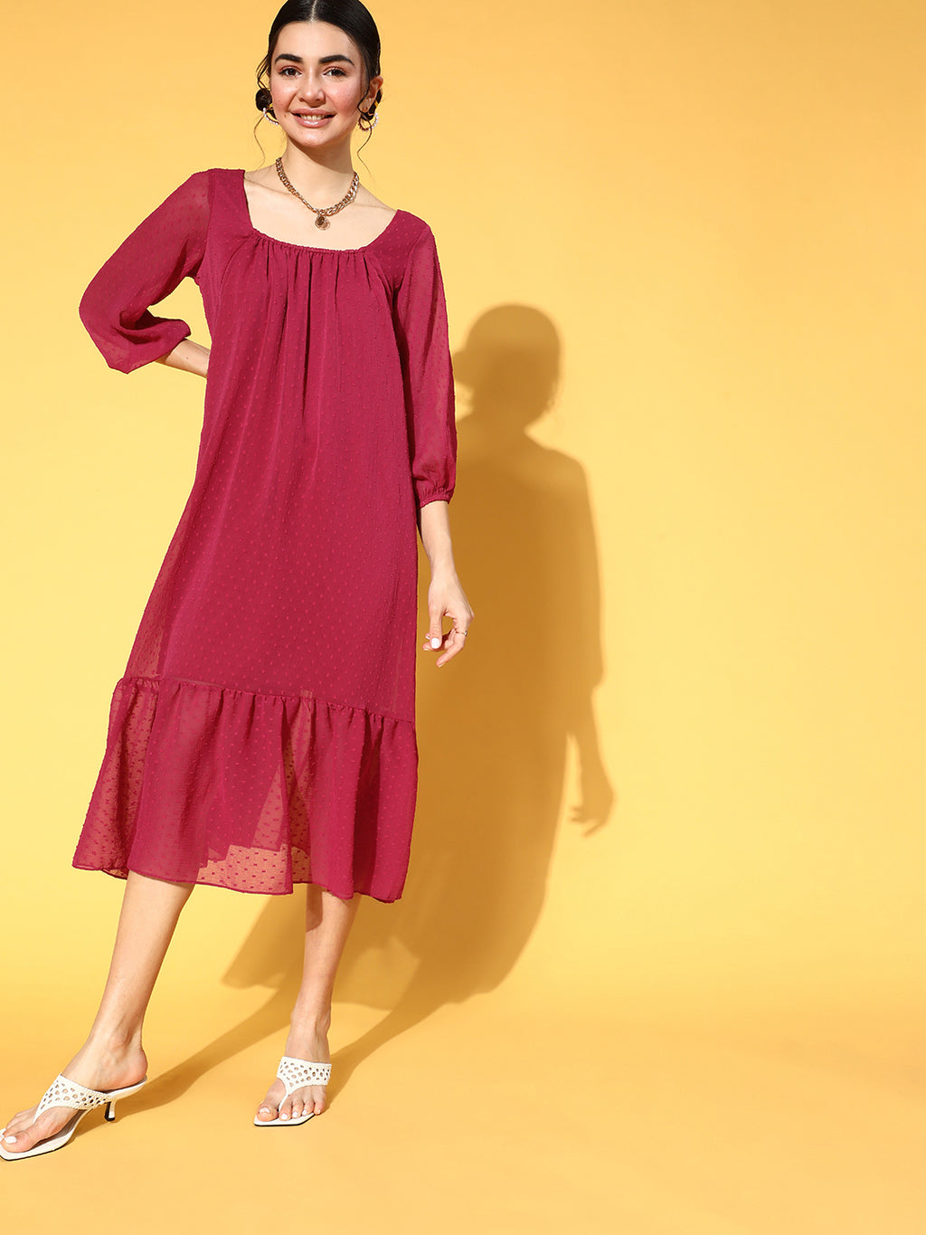 Athena Maroon Solid Midi Tiered Dress With Backless Detail