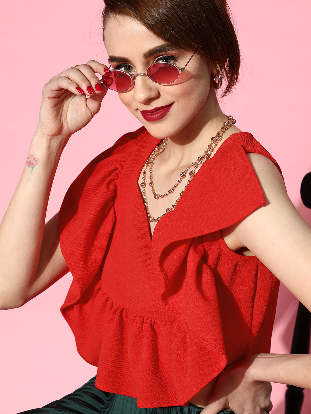 Athena Women Gorgeous Red Solid Ruffled Top