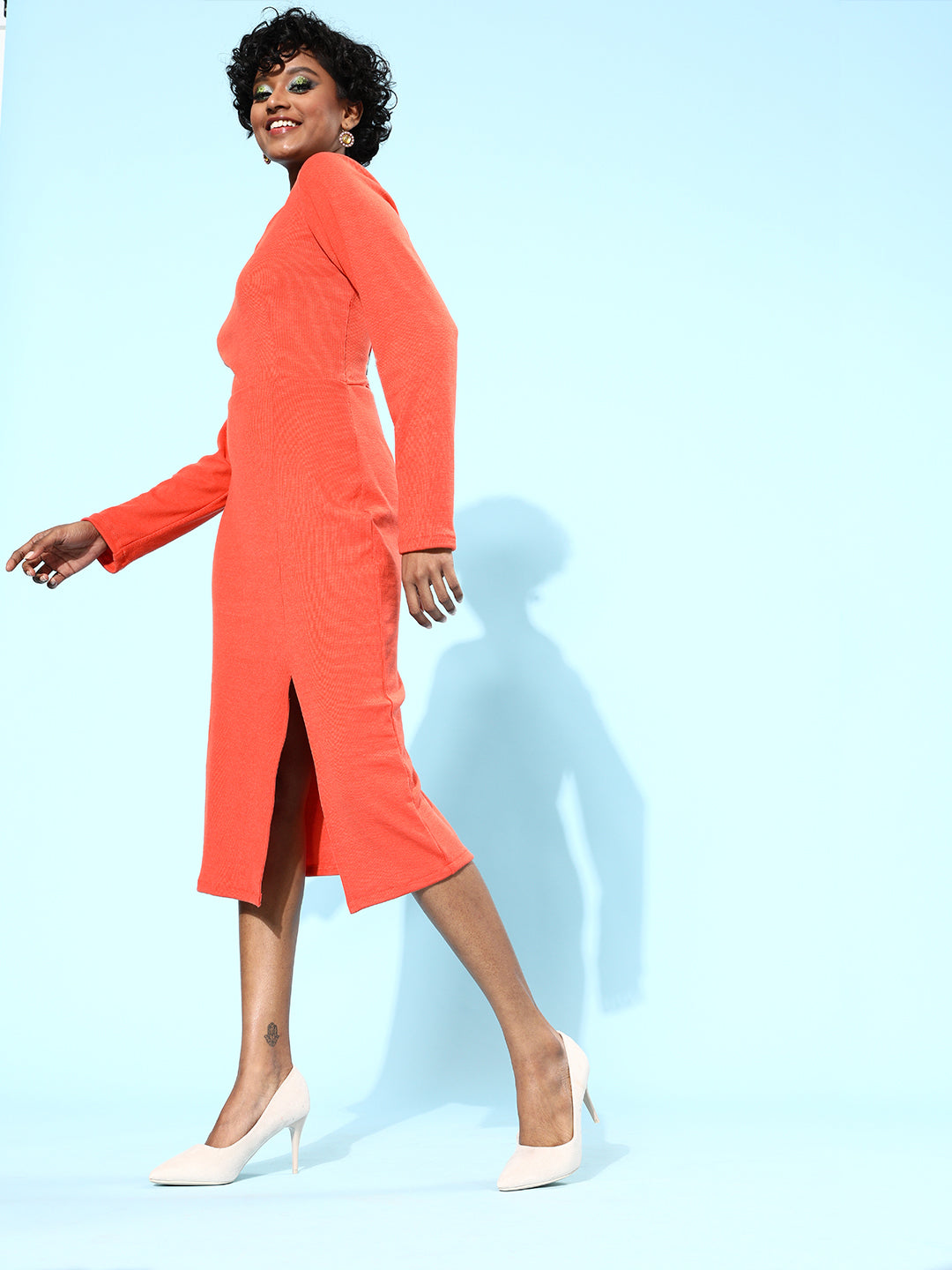 Athena Women Bright Orange Solid Sweetheart Neck Dress