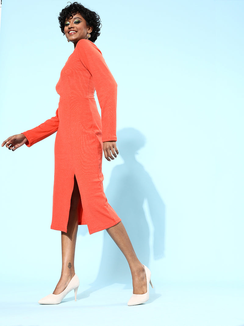Athena Women Bright Orange Solid Sweetheart Neck Dress