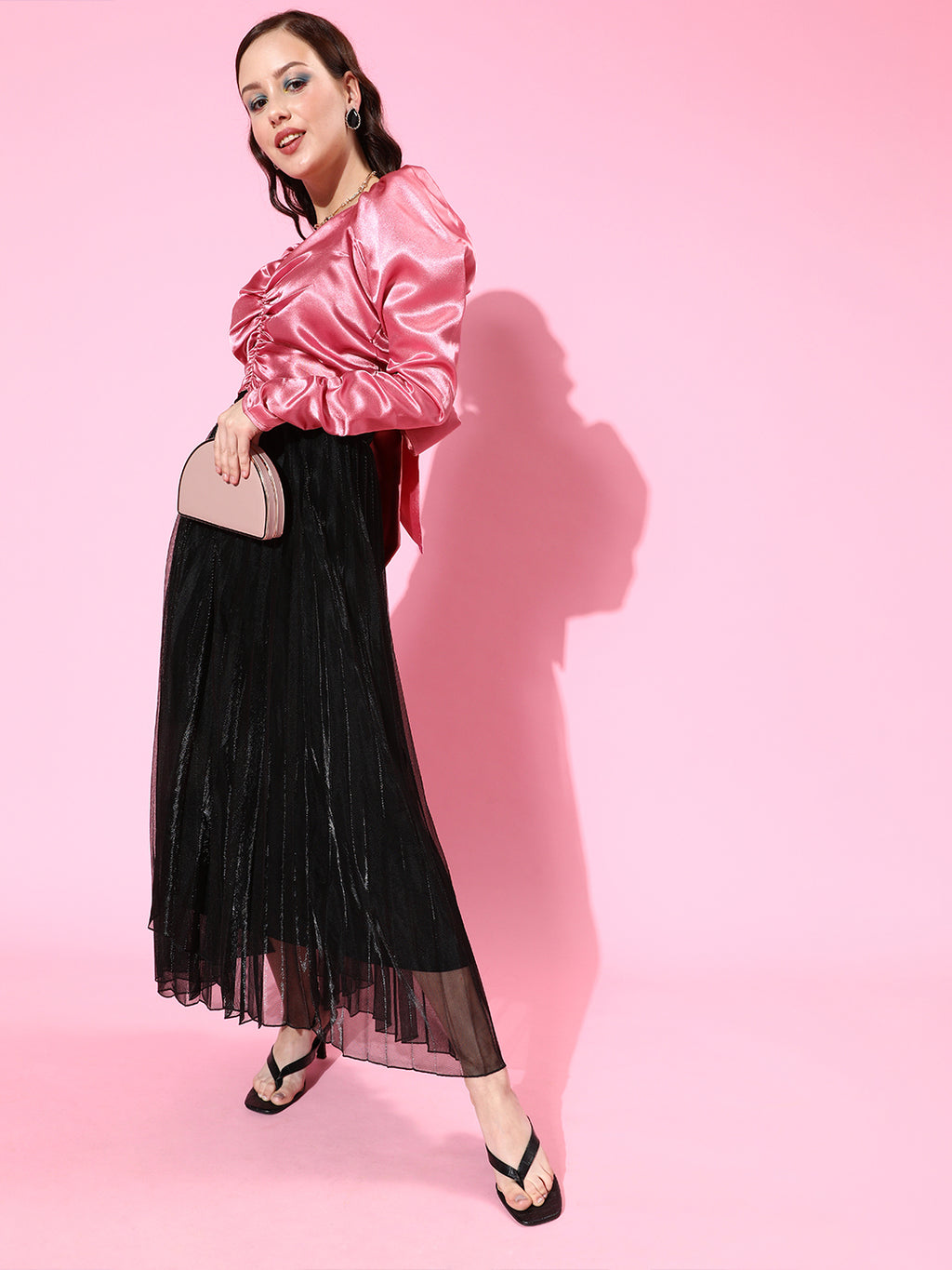 Athena Pink Sweetheart Neck Bishop Sleeves Satin Fitted Crop Top