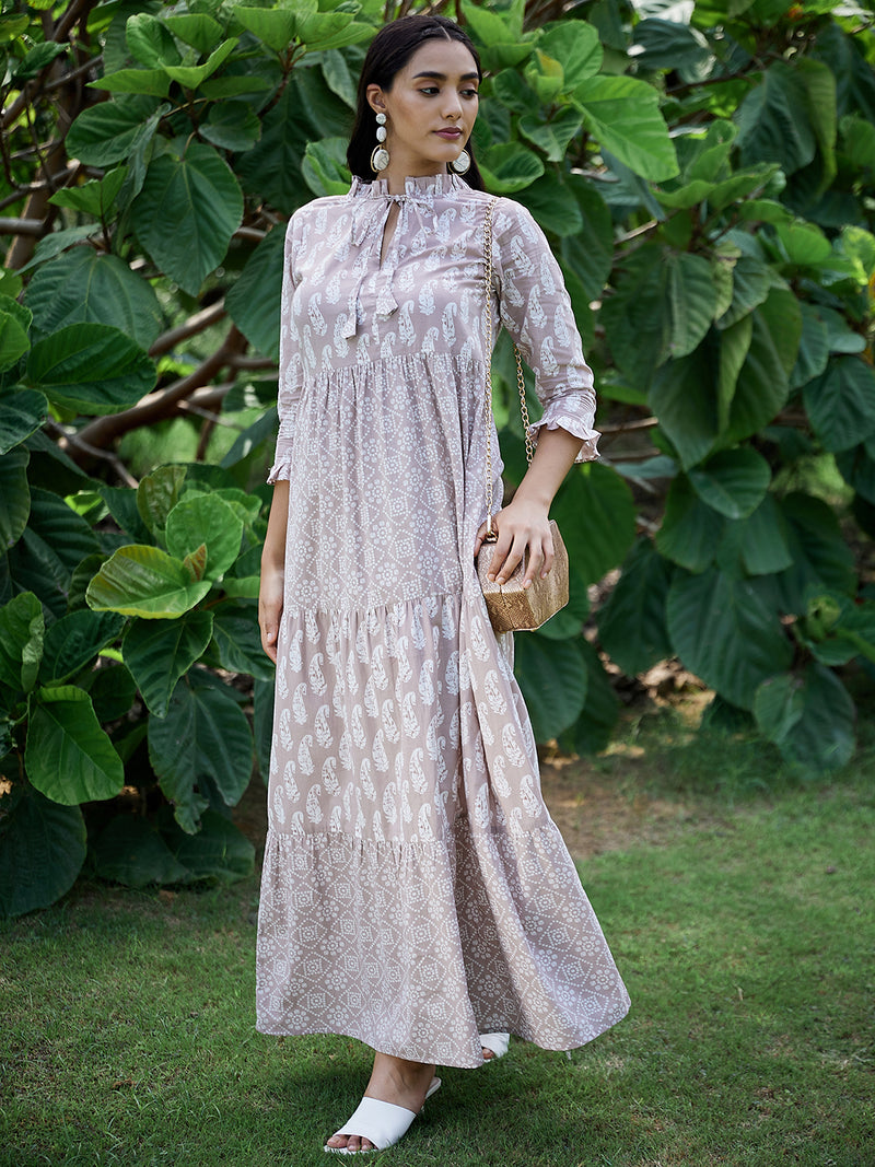 Athena Beige Floral Ethnic Maxi Dress