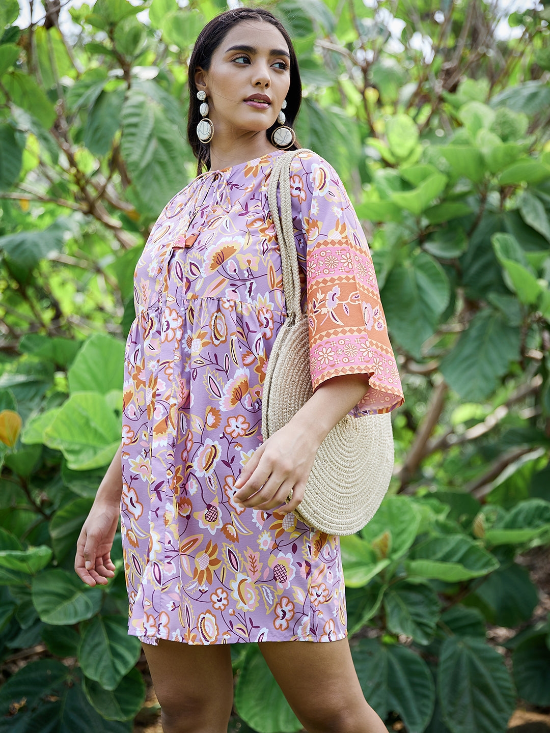 Athena Lavender Floral Tie Up Neck Crepe A-Line Dress