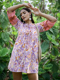 Athena Lavender Floral Tie Up Neck Crepe A-Line Dress