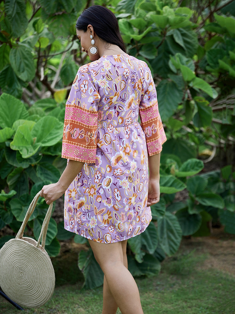 Athena Lavender Floral Tie Up Neck Crepe A-Line Dress