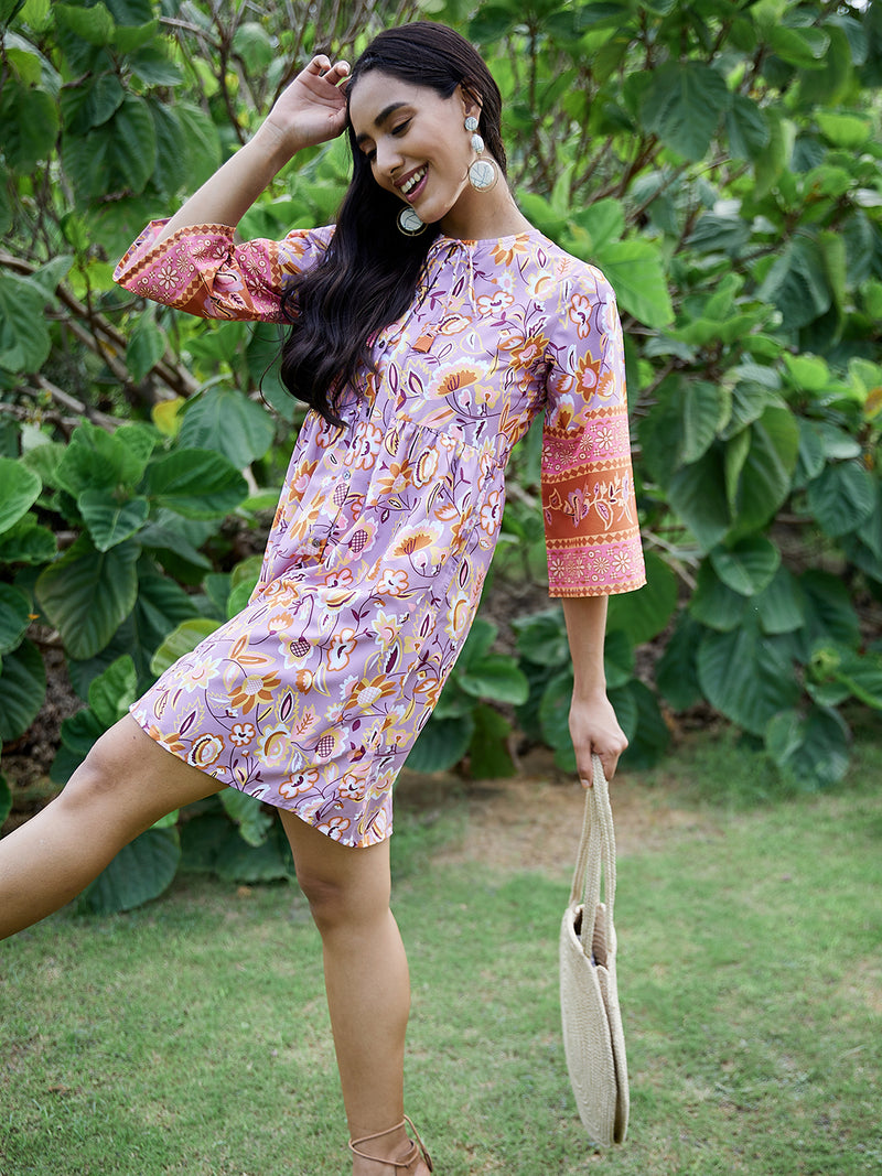 Athena Lavender Floral Tie Up Neck Crepe A-Line Dress
