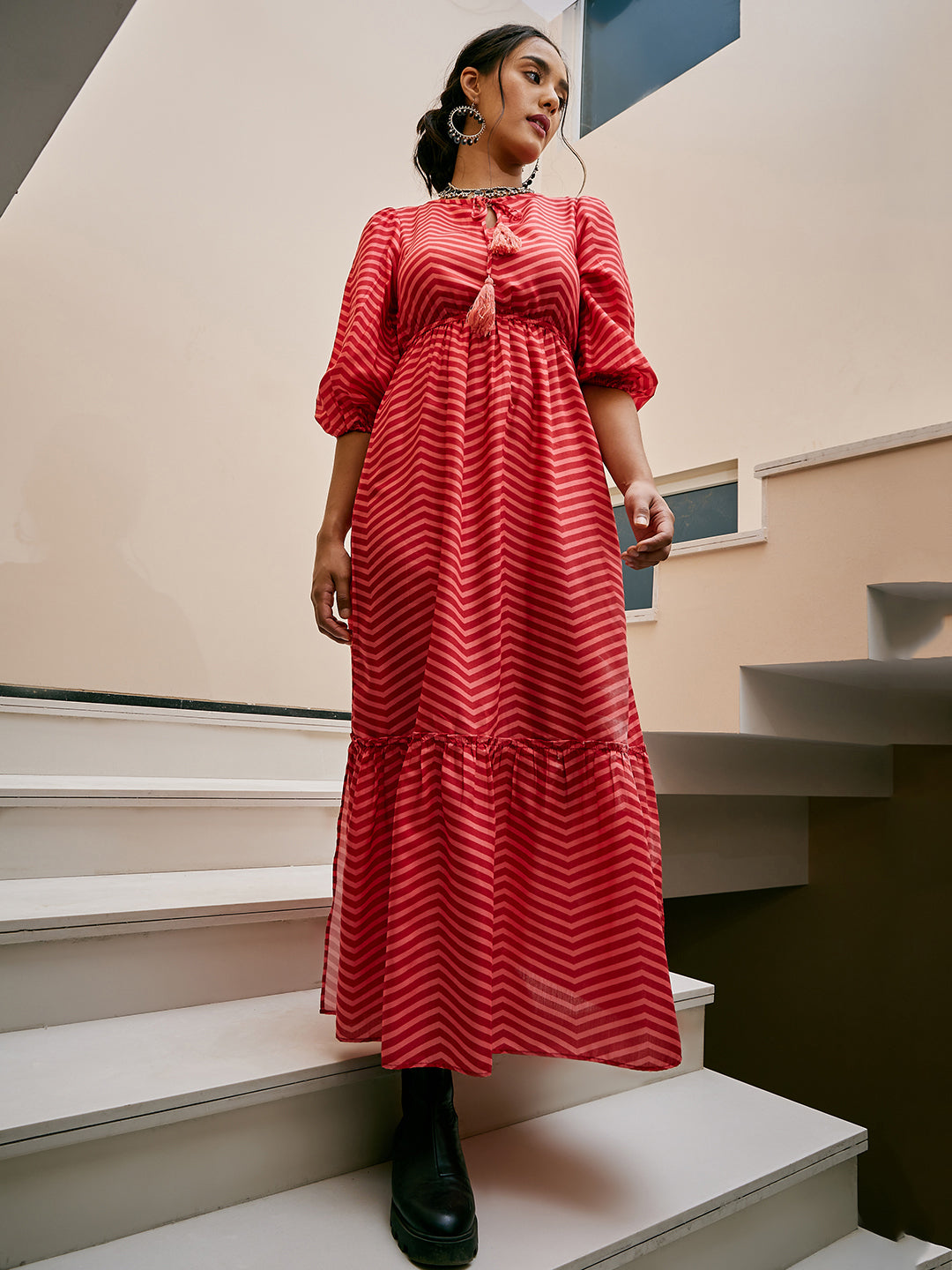 Athena Women Red Chevron Maxi Dress