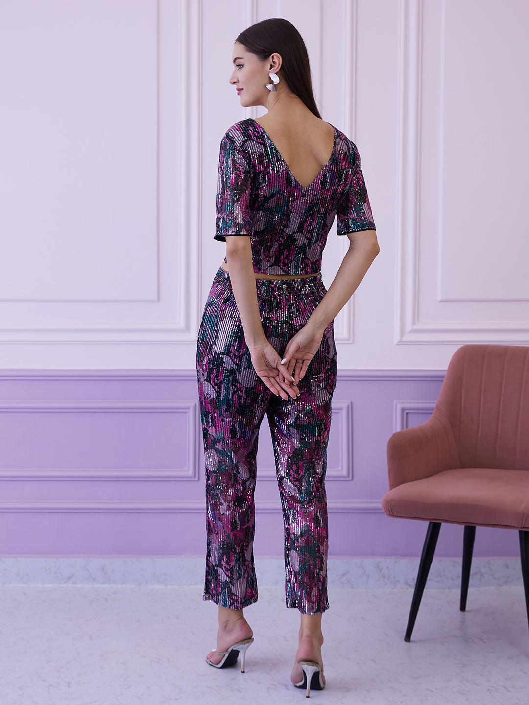Athena Burgundy Embellished V-Neck Top With Trousers