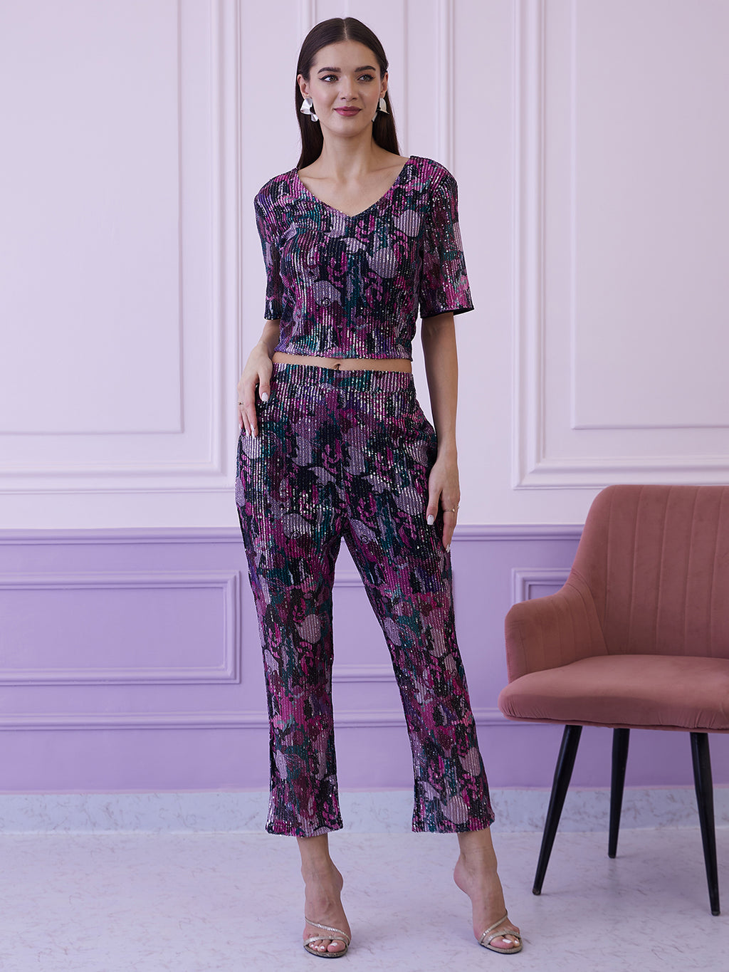 Athena Burgundy Embellished V-Neck Top With Trousers