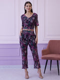 Athena Burgundy Embellished V-Neck Top With Trousers