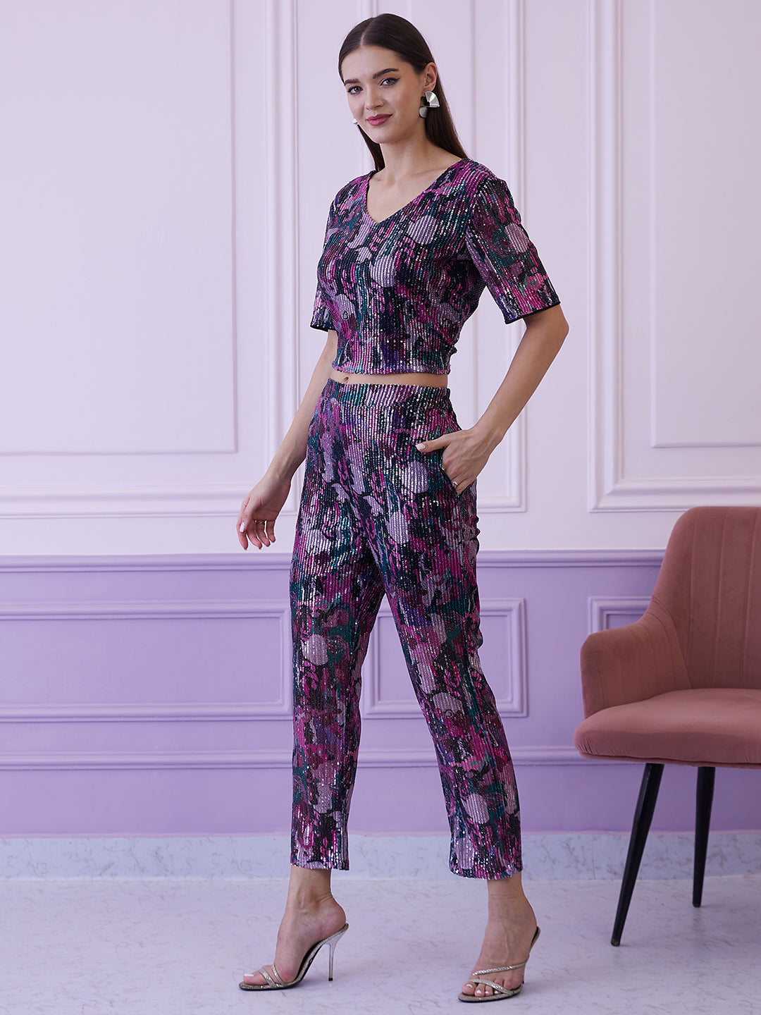 Athena Burgundy Embellished V-Neck Top With Trousers