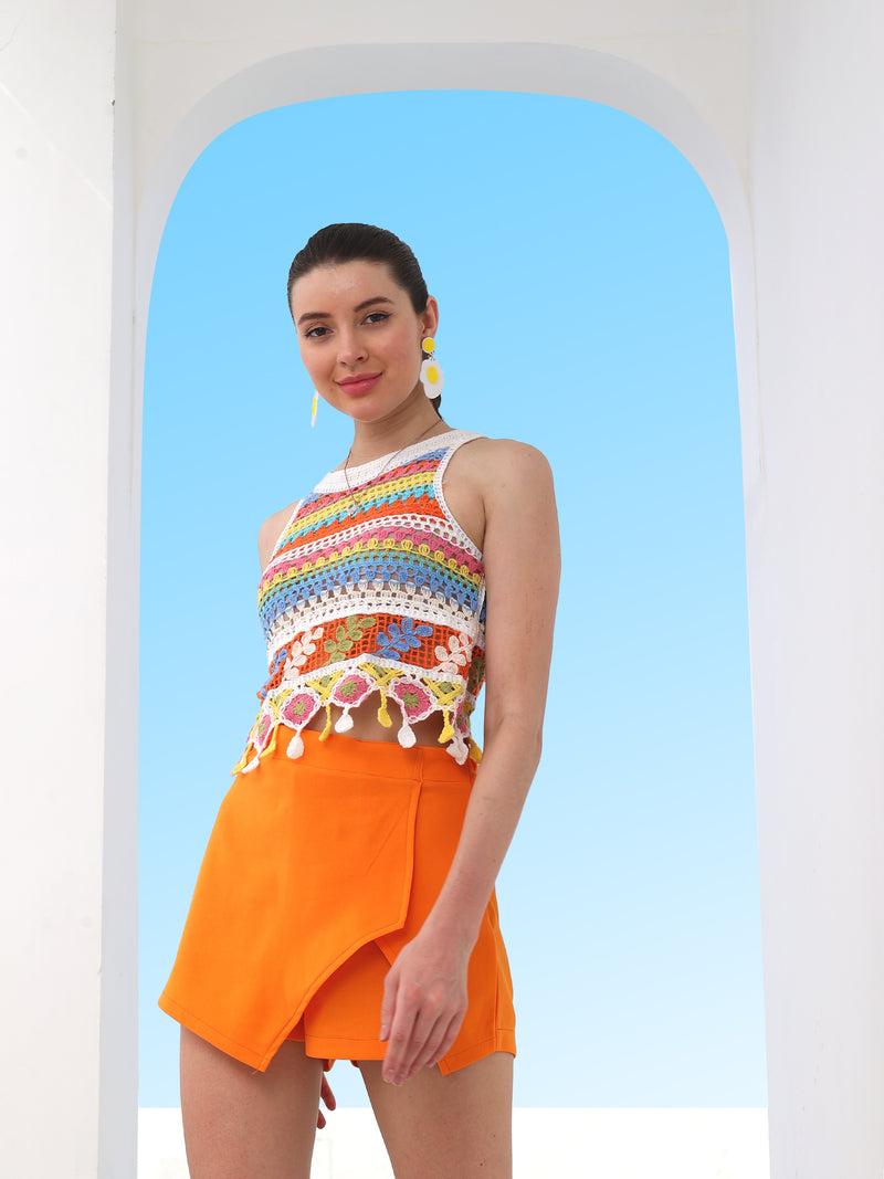 Boho By Athena Self-Design Fringed Crochet Cotton Top