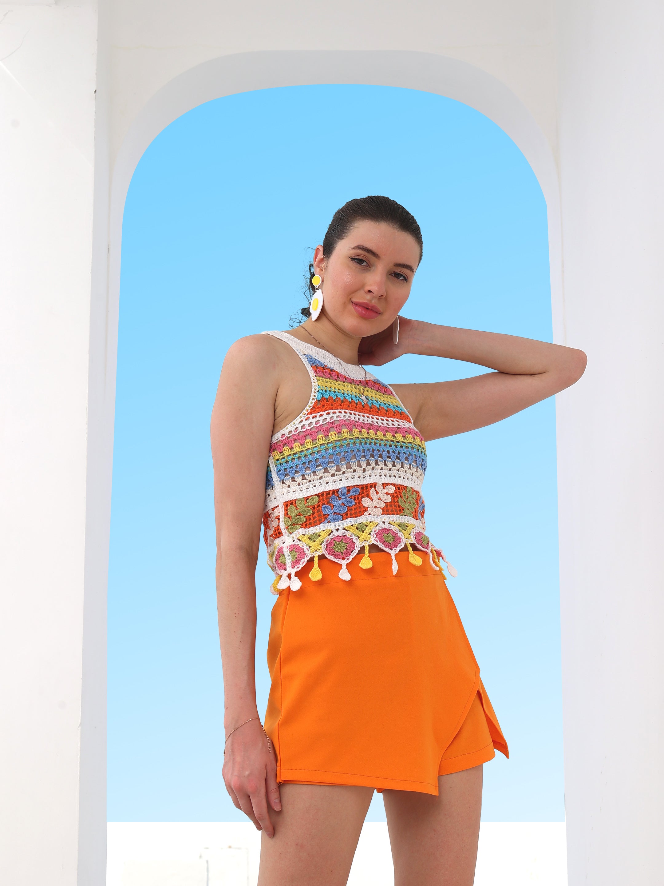 Boho By Athena Self-Design Fringed Crochet Cotton Top