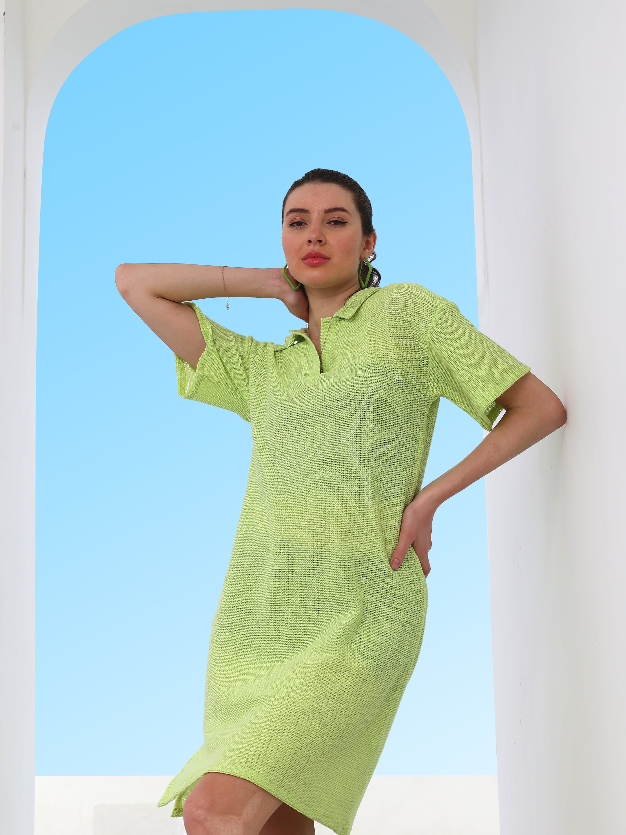 Boho By Athena Self-Design Shirt-Collar Drop-Shoulder Sheer Dress