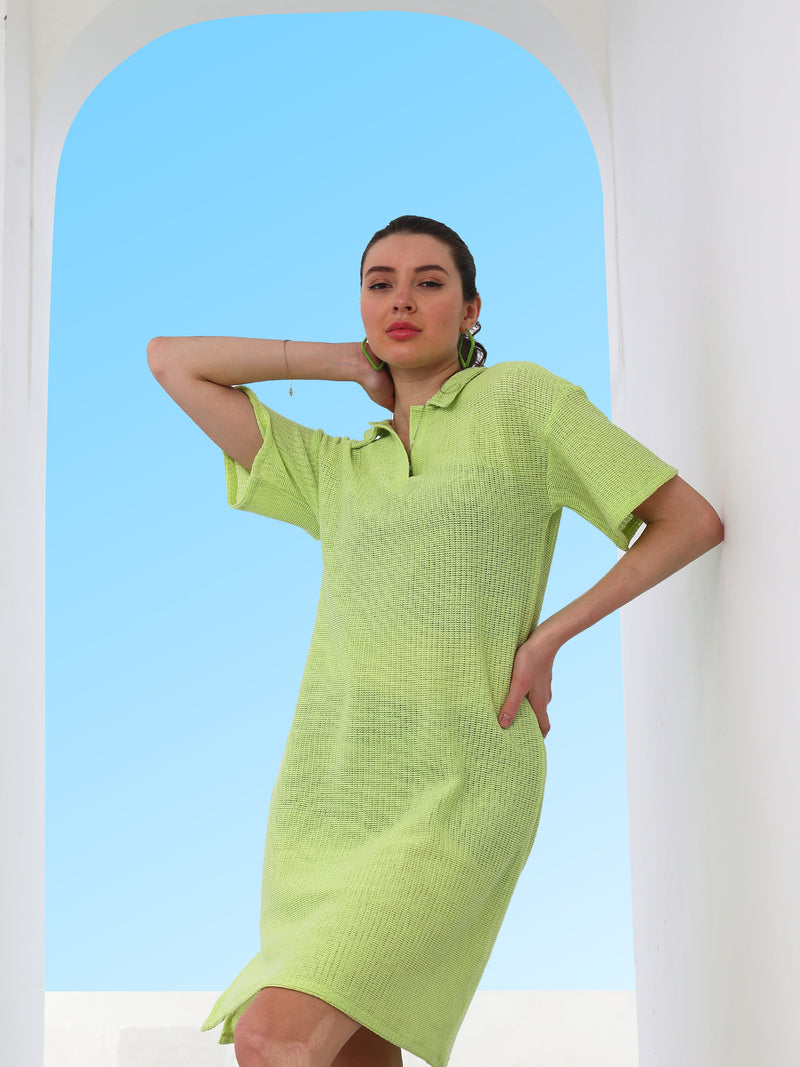 Boho By Athena Self-Design Shirt-Collar Drop-Shoulder Sheer Dress