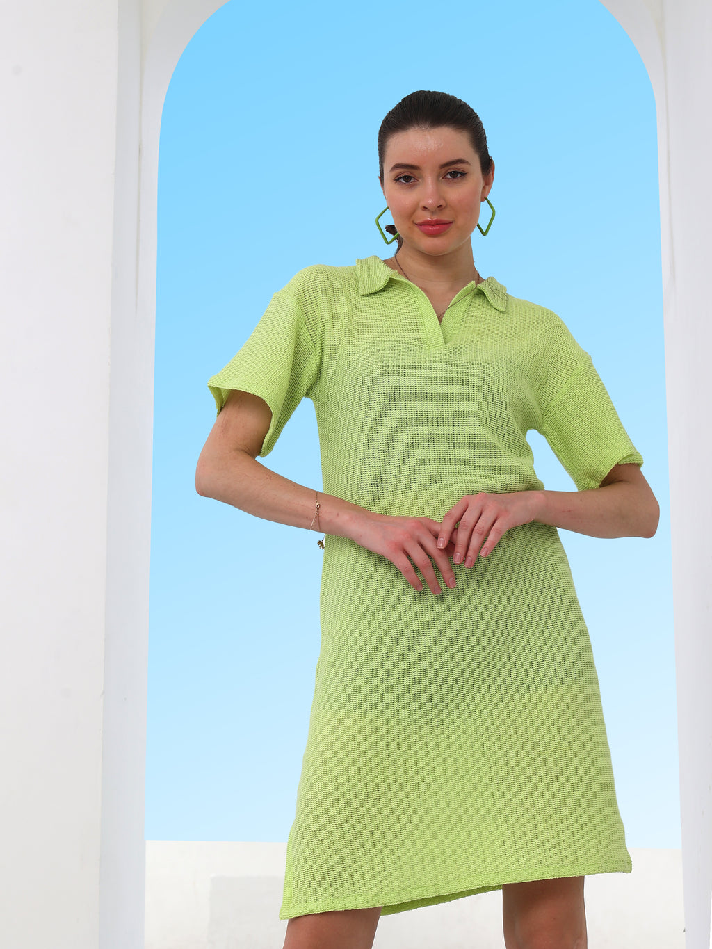 Boho By Athena Self-Design Shirt-Collar Drop-Shoulder Sheer Dress