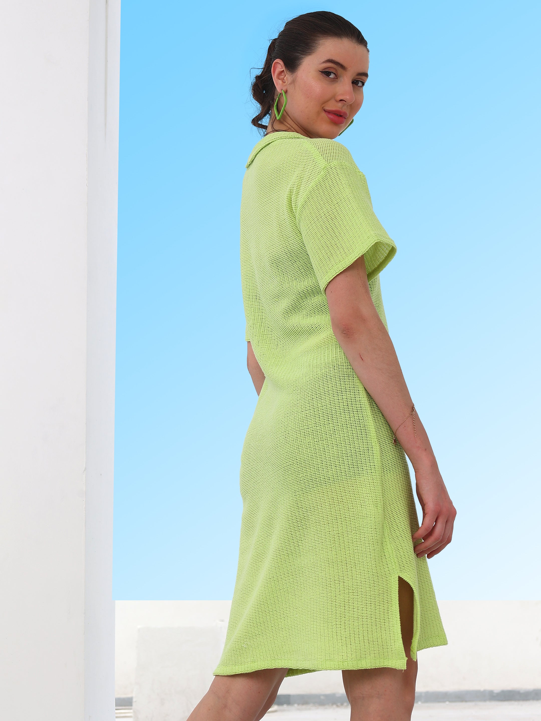 Boho By Athena Self-Design Shirt-Collar Drop-Shoulder Sheer Dress