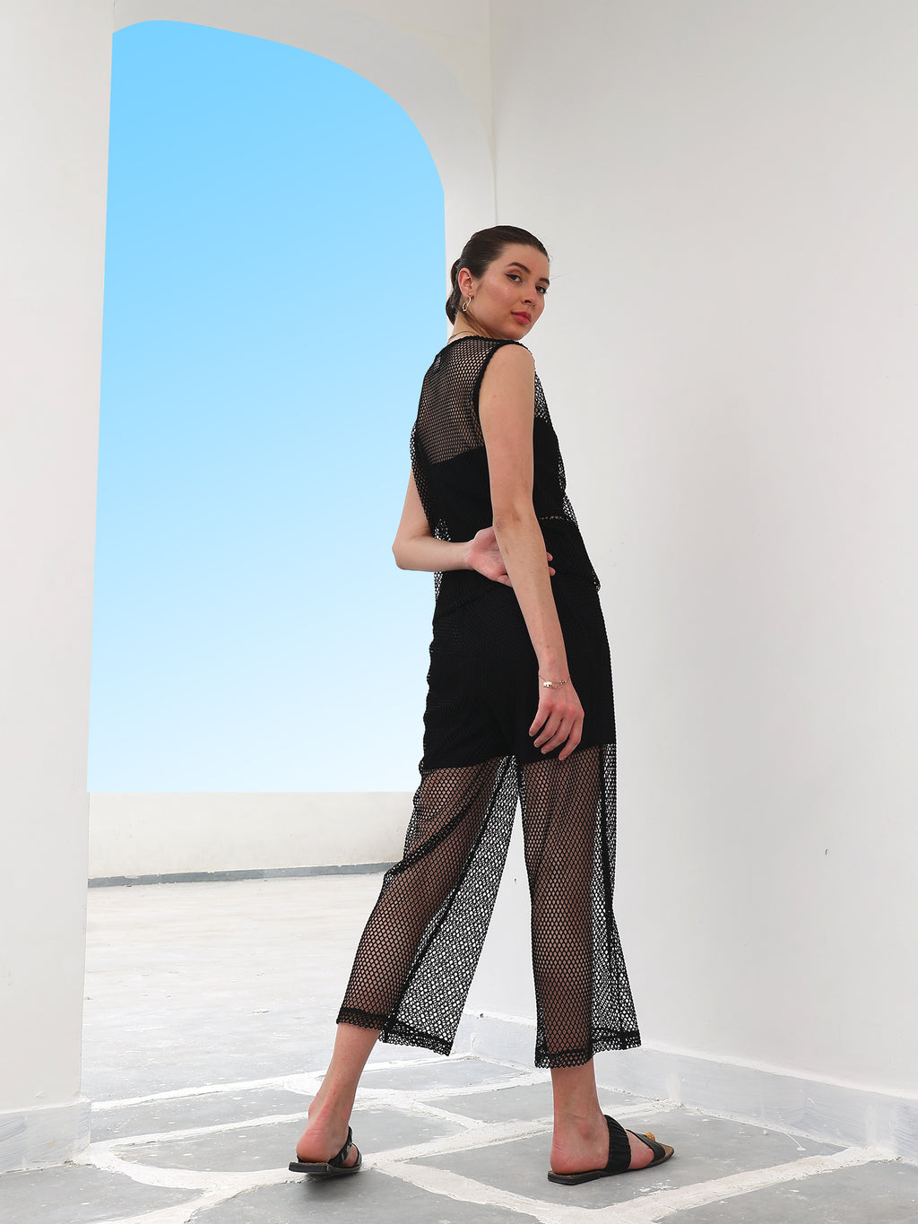 Boho By Athena Self-Design Boat Neck Sheer Top With Trousers Co-Ords