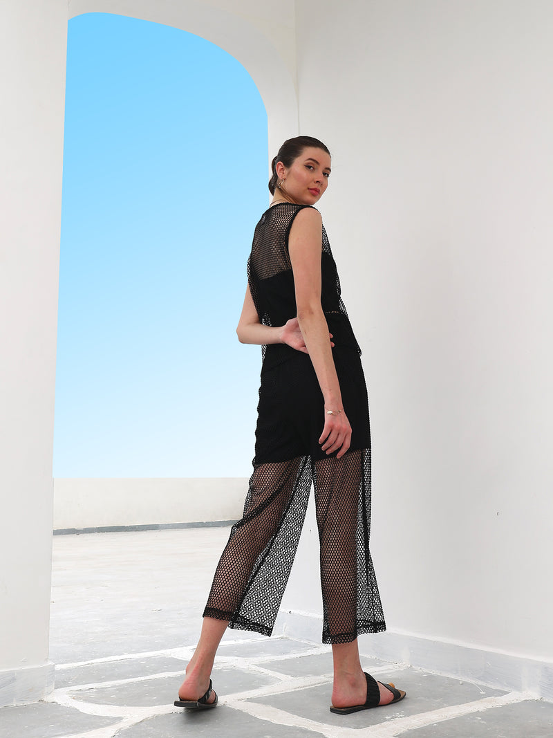 Boho By Athena Self-Design Boat Neck Sheer Top With Trousers Co-Ords