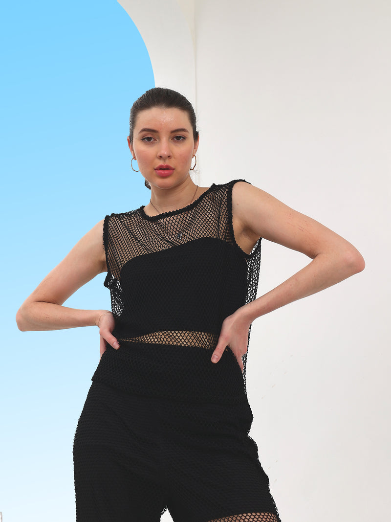 Boho By Athena Self-Design Boat Neck Sheer Top With Trousers Co-Ords