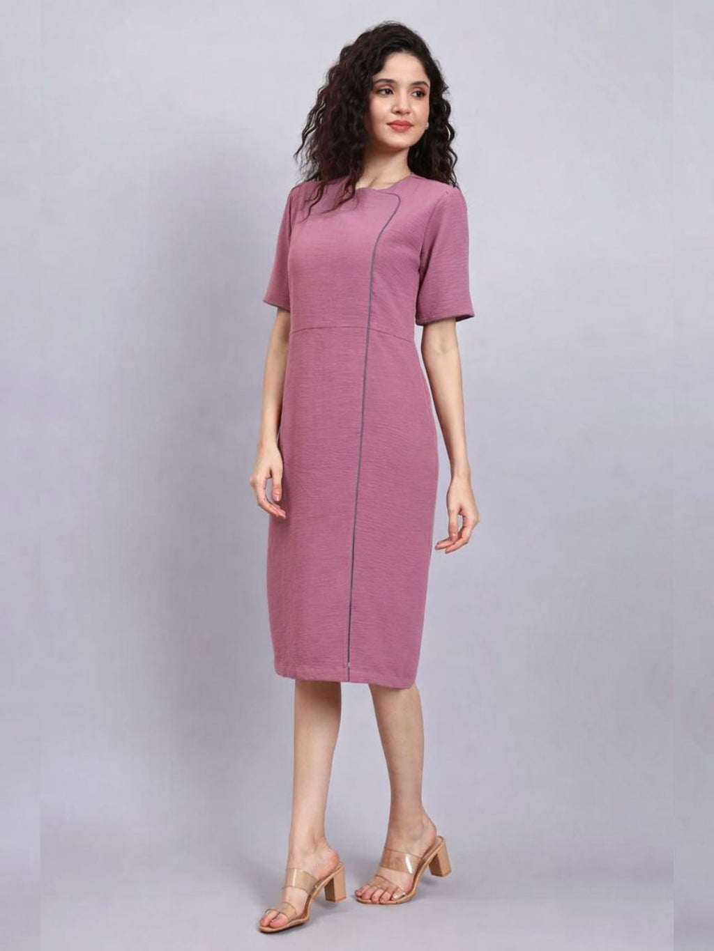 Women Pink Crush Satin Grey Contrast Piping Dress