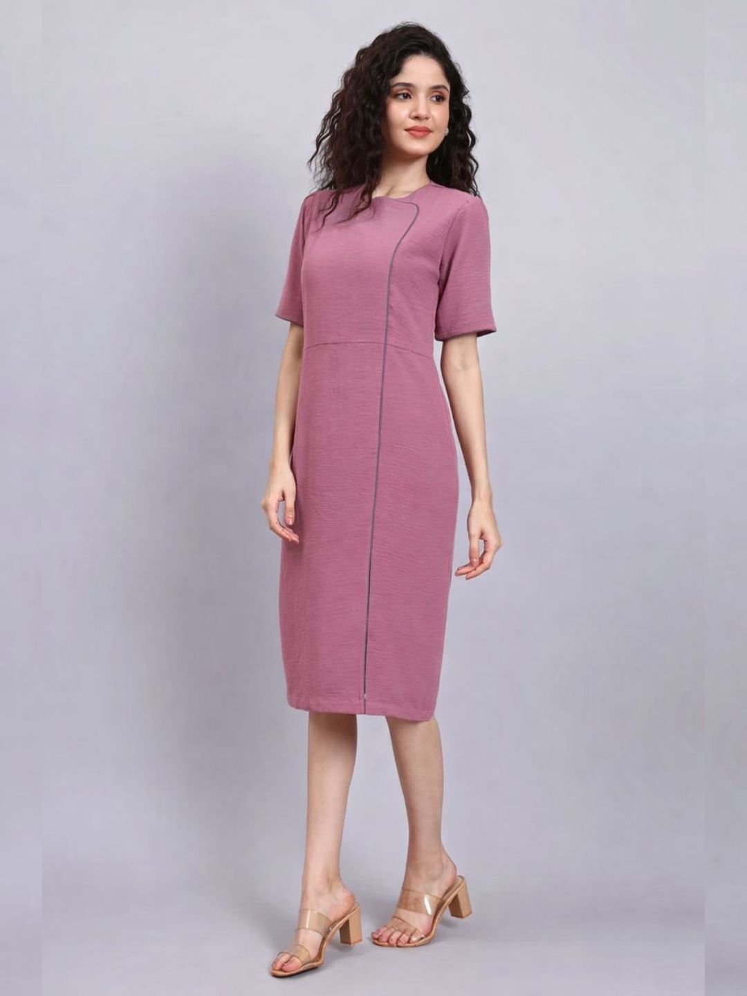 Women Pink Crush Satin Grey Contrast Piping Dress