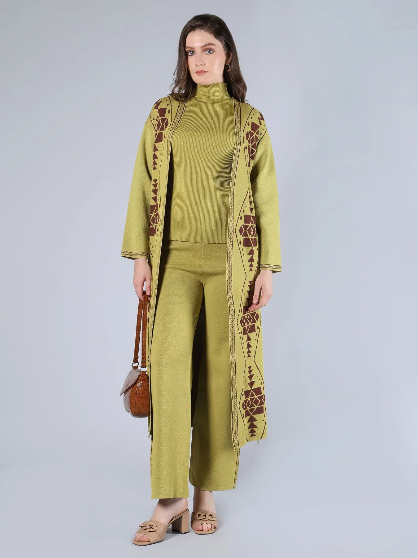 Warm Knitted Three Piece Set - Olive