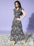 Athena Women Black Floral Feminine Frills Dress