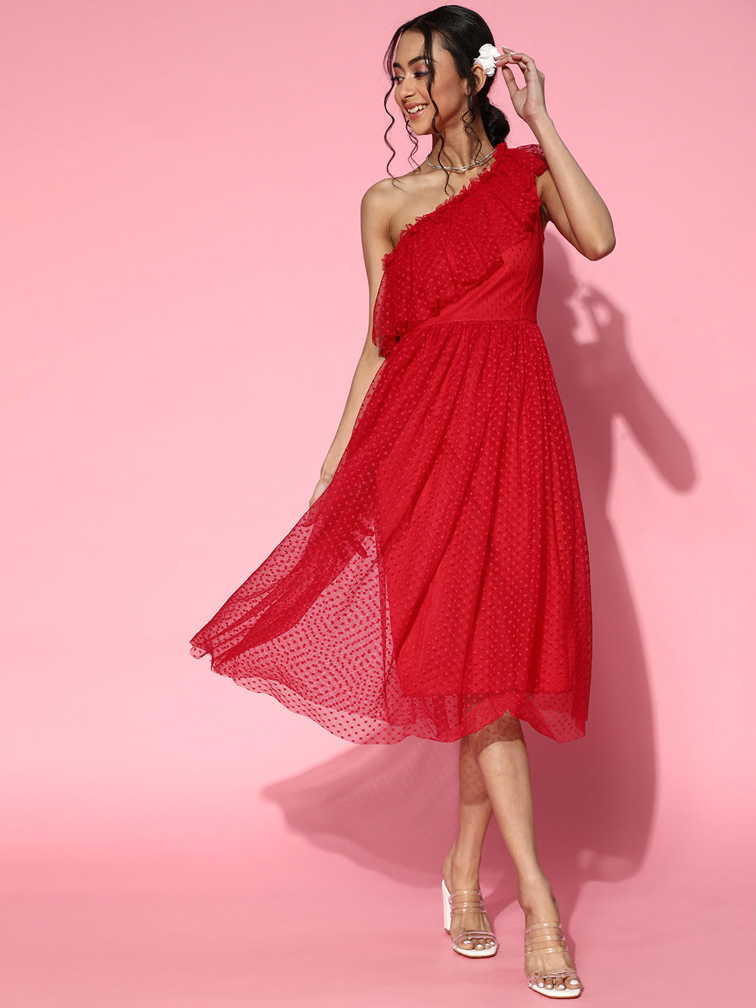 Athena Red one shoulder frill dobby Tulle dress