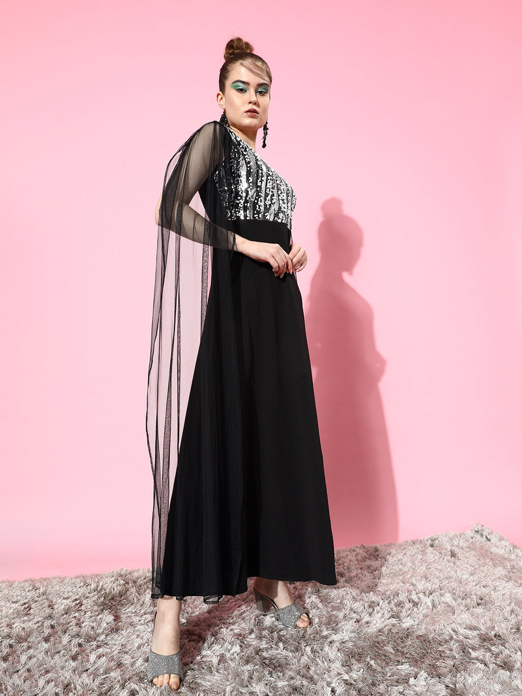 Athena Black Silver Coloured Embellished Sequin Cape Sleeves Net Maxi Dress
