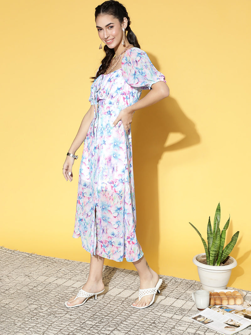 Athena blue floral puff sleeve midi dress