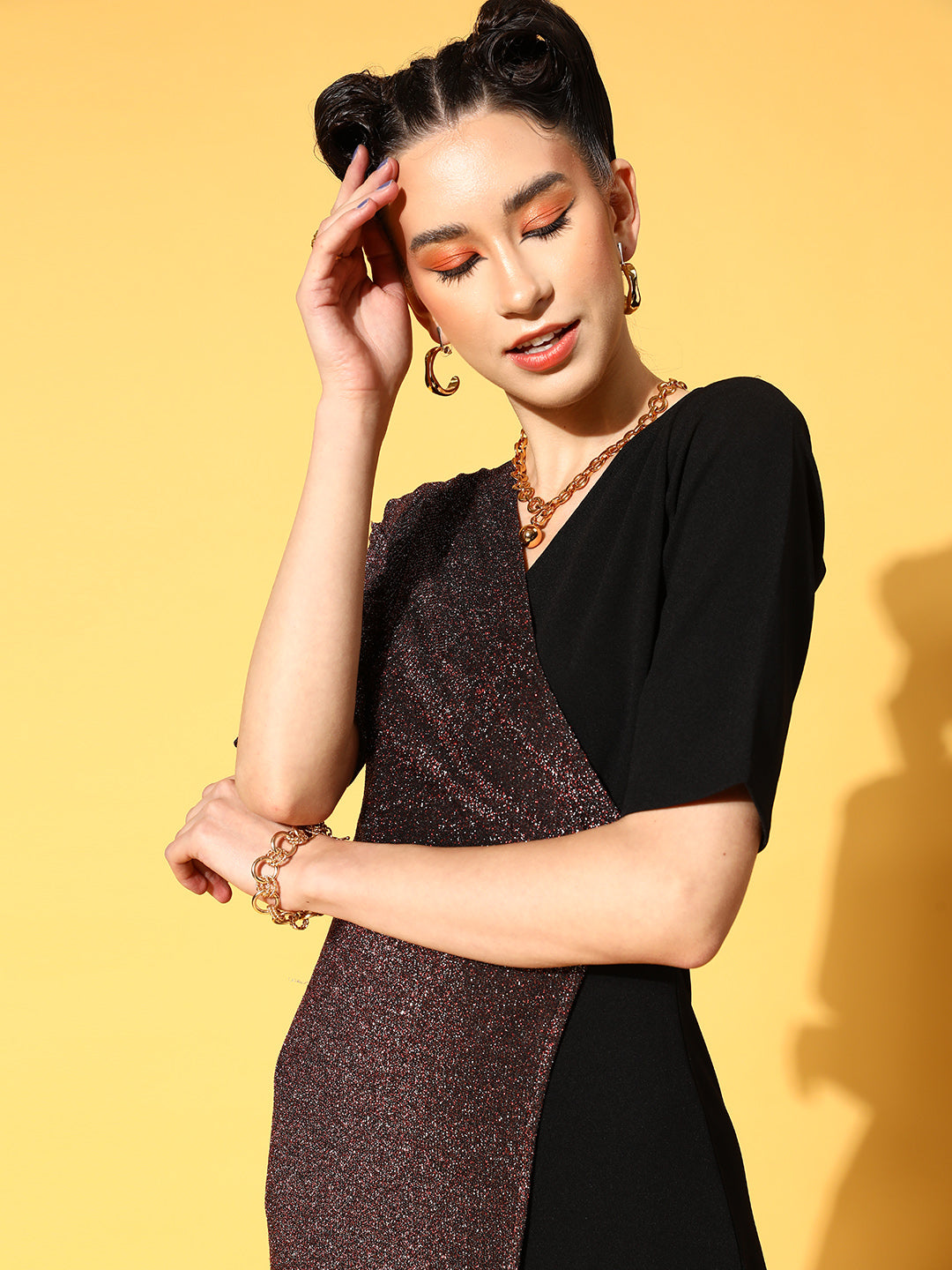 Athena Black Red Sparkle Color Blocking Dress