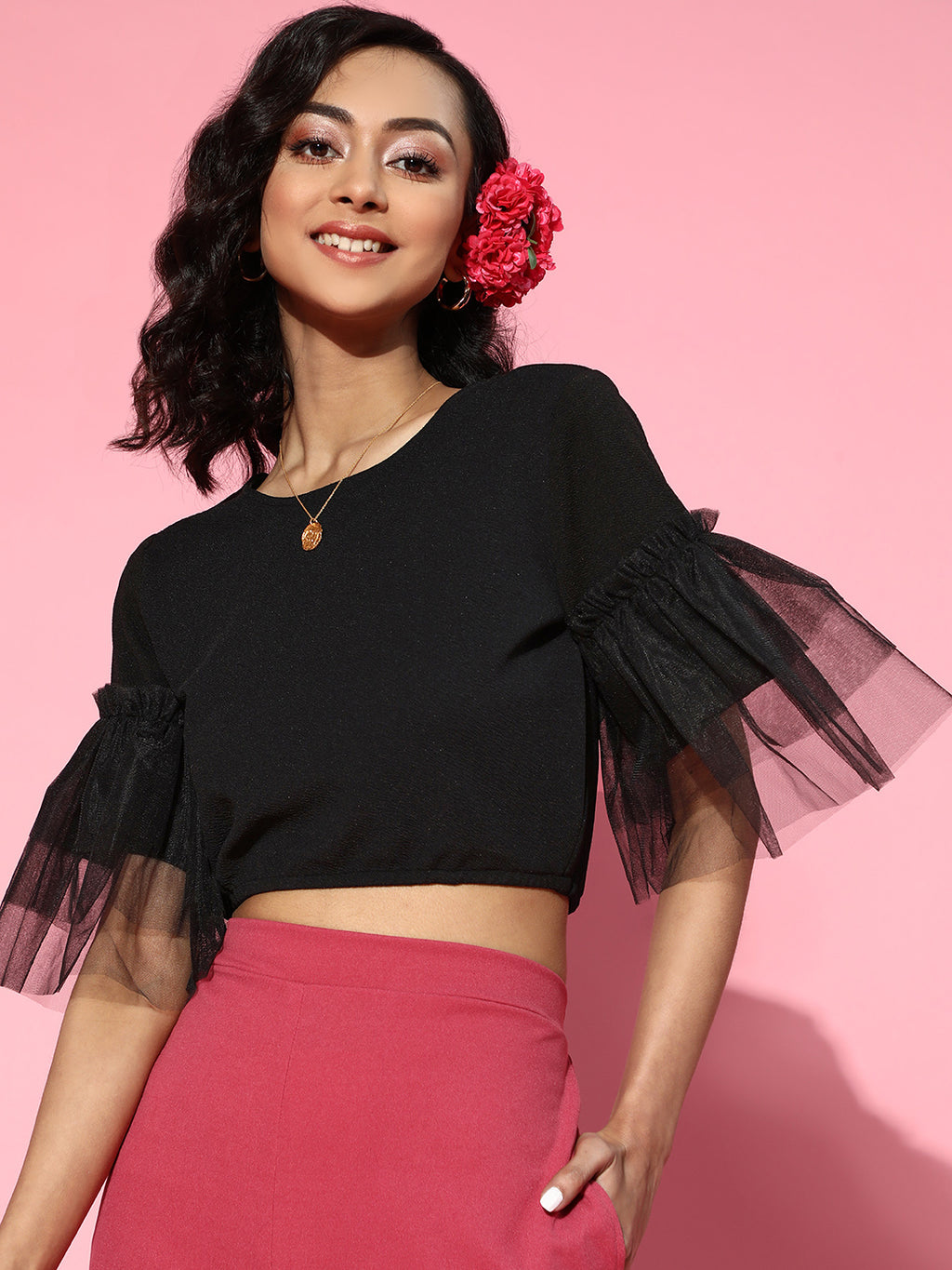 Athena Black frill sleeve tee top