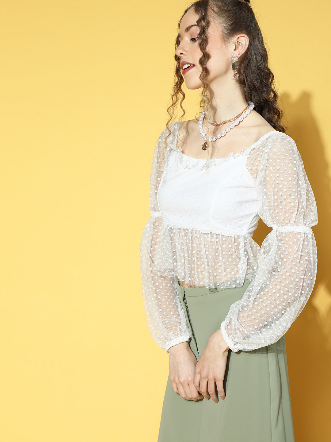 Athena White Full-Sleeve Dobby Sheer Top