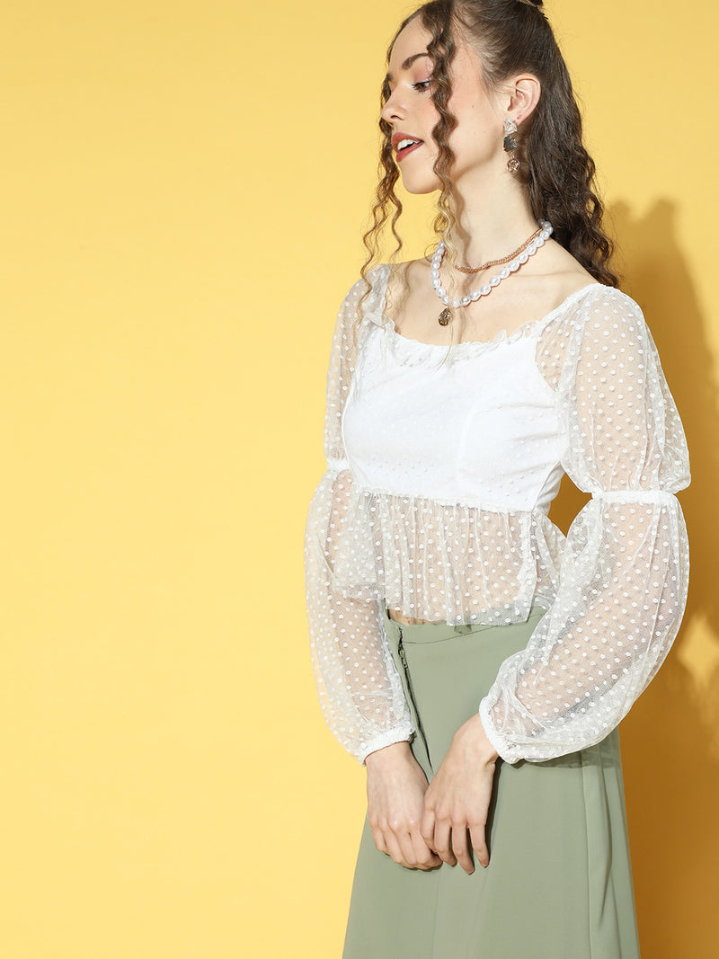 Athena White Full-Sleeve Dobby Sheer Top