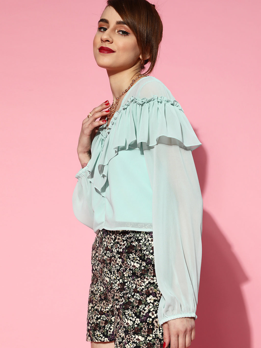 Athena Aloe Green Pink V-Neck Detail Full-Sleeve Top