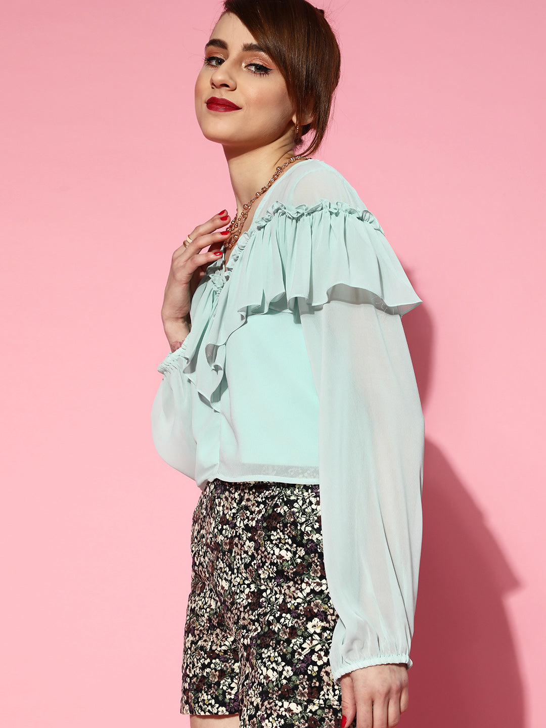 Athena Aloe Green Pink V-Neck Detail Full-Sleeve Top