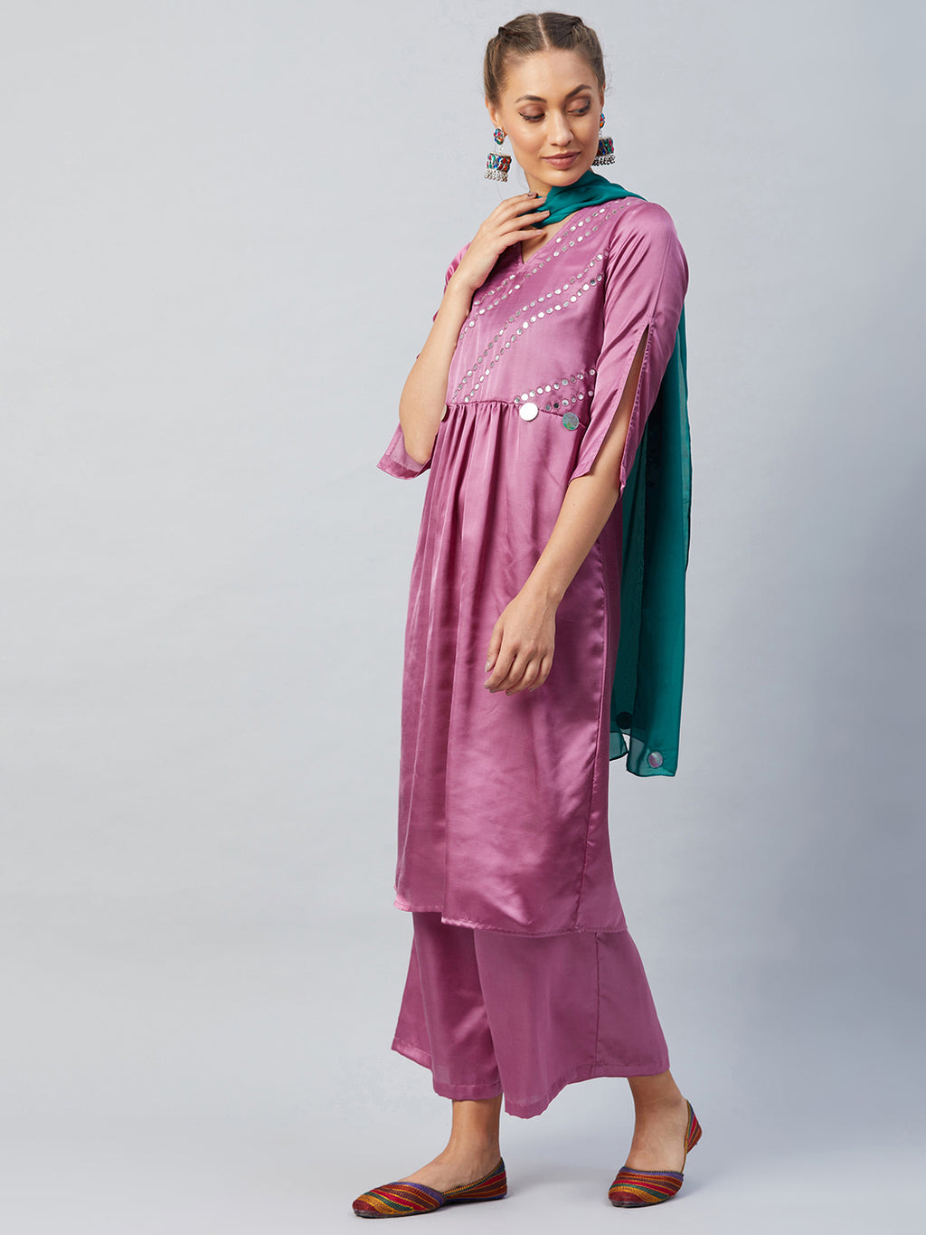 Athena Women Purple Pleated Mirror Work Kurta With Palazzos Dupatta