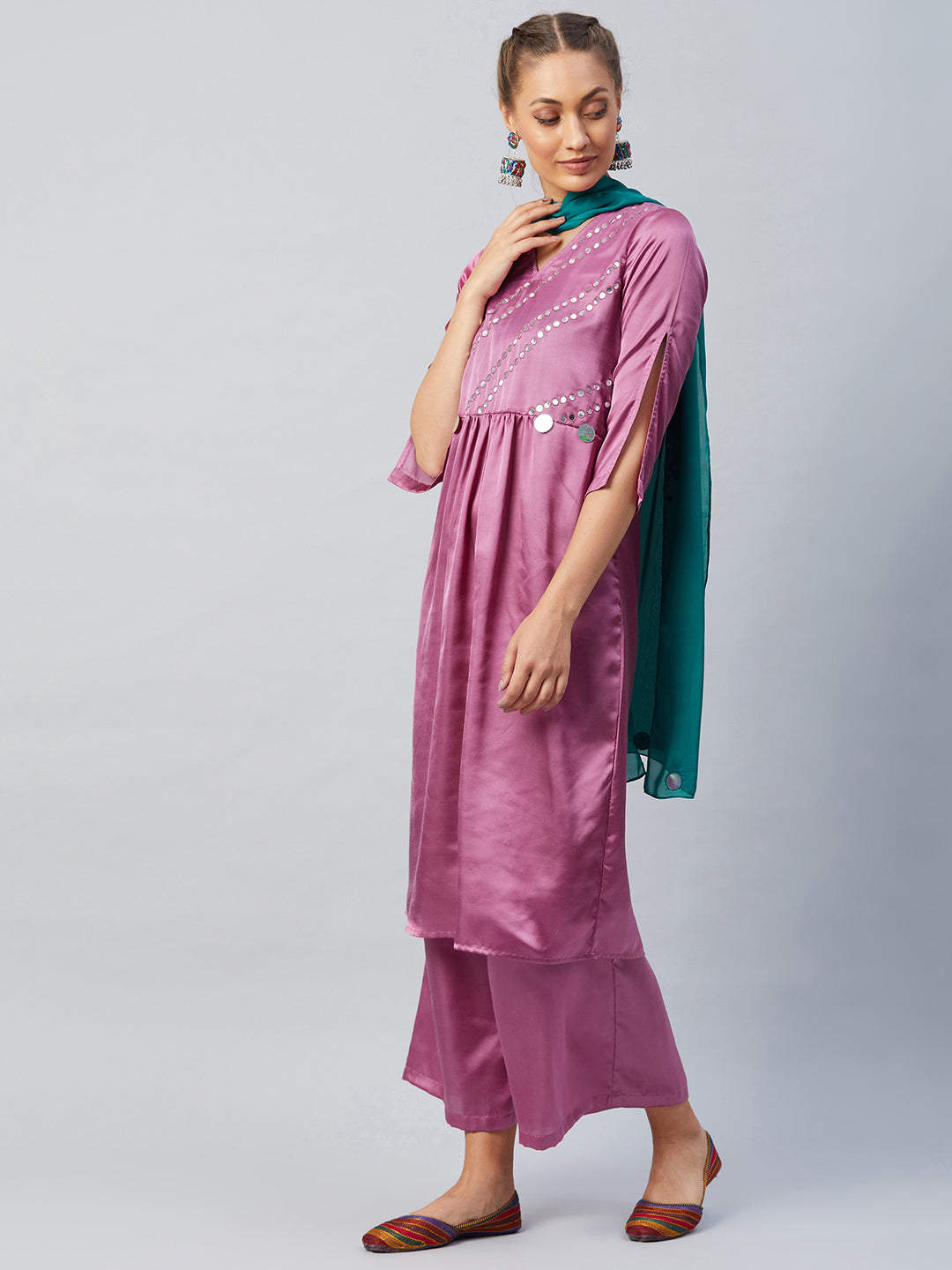Athena Women Purple Pleated Mirror Work Kurta With Palazzos Dupatta