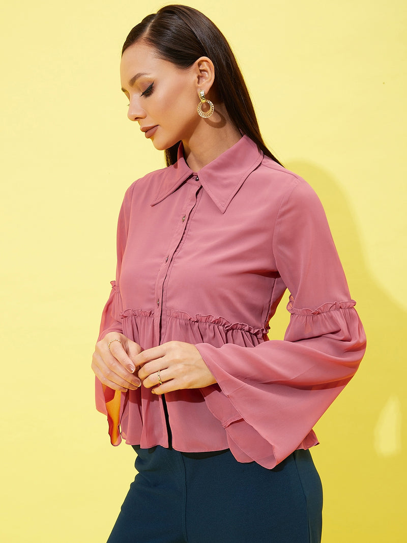 Athena Bell-Sleeve Ruffled Shirt-Style Top