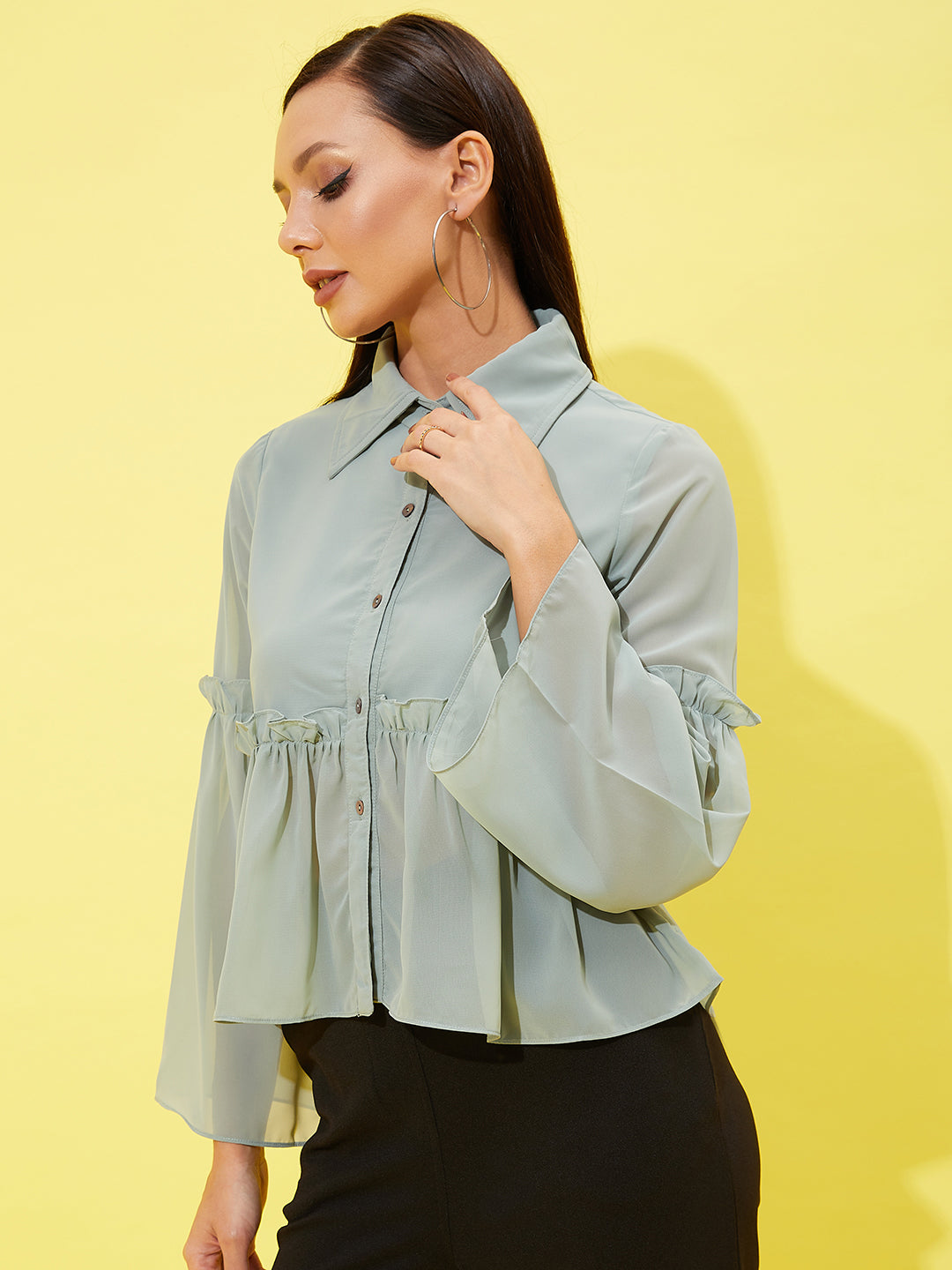 Athena Bell-Sleeves Ruffled Shirt-Style Top