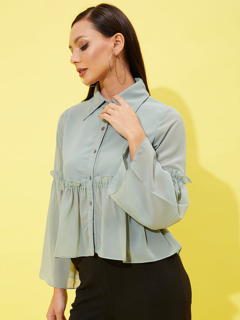 Athena Bell-Sleeves Ruffled Shirt-Style Top