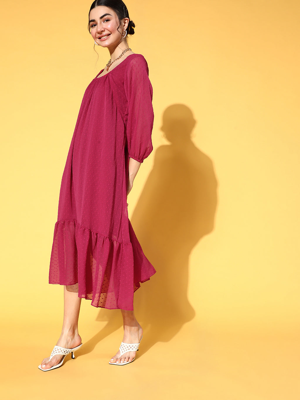 Athena Maroon Solid Midi Tiered Dress With Backless Detail