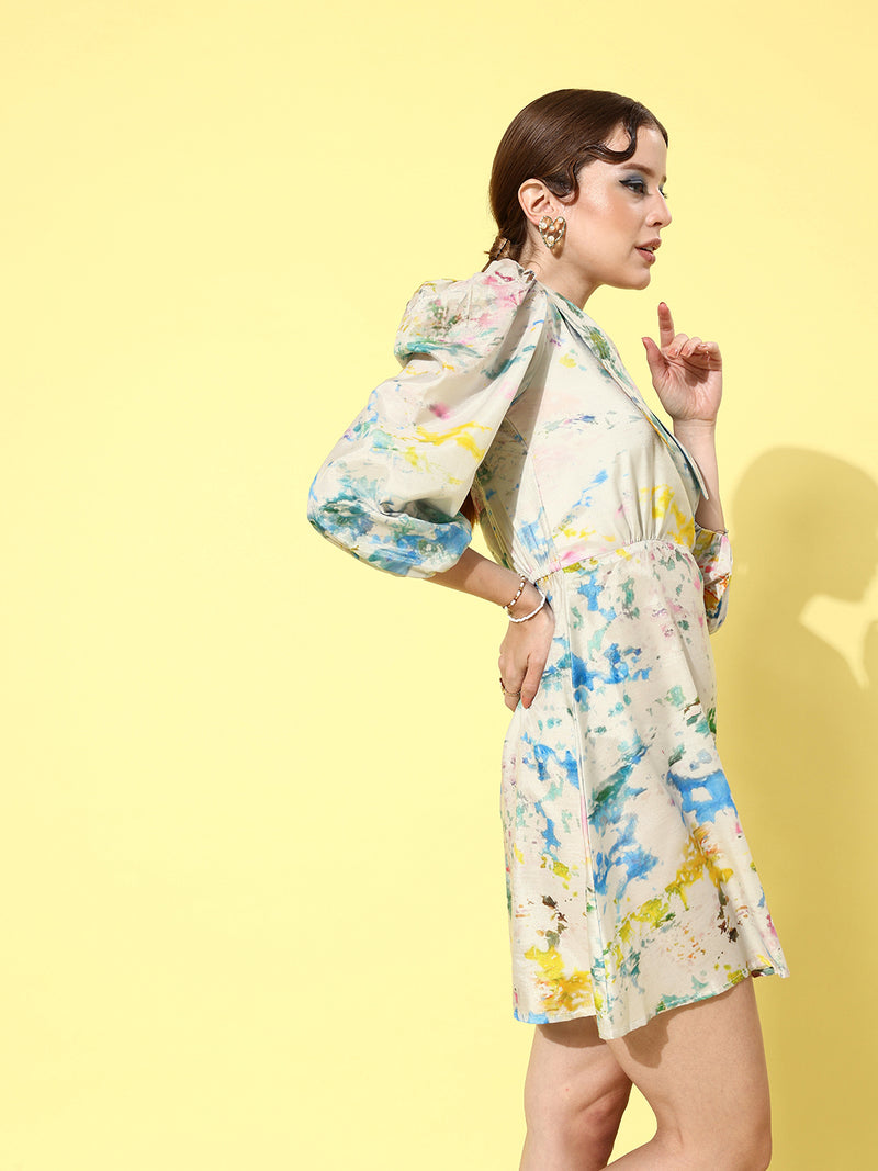 Athena Women Off White & Green Tie and Dye A-Line Dress