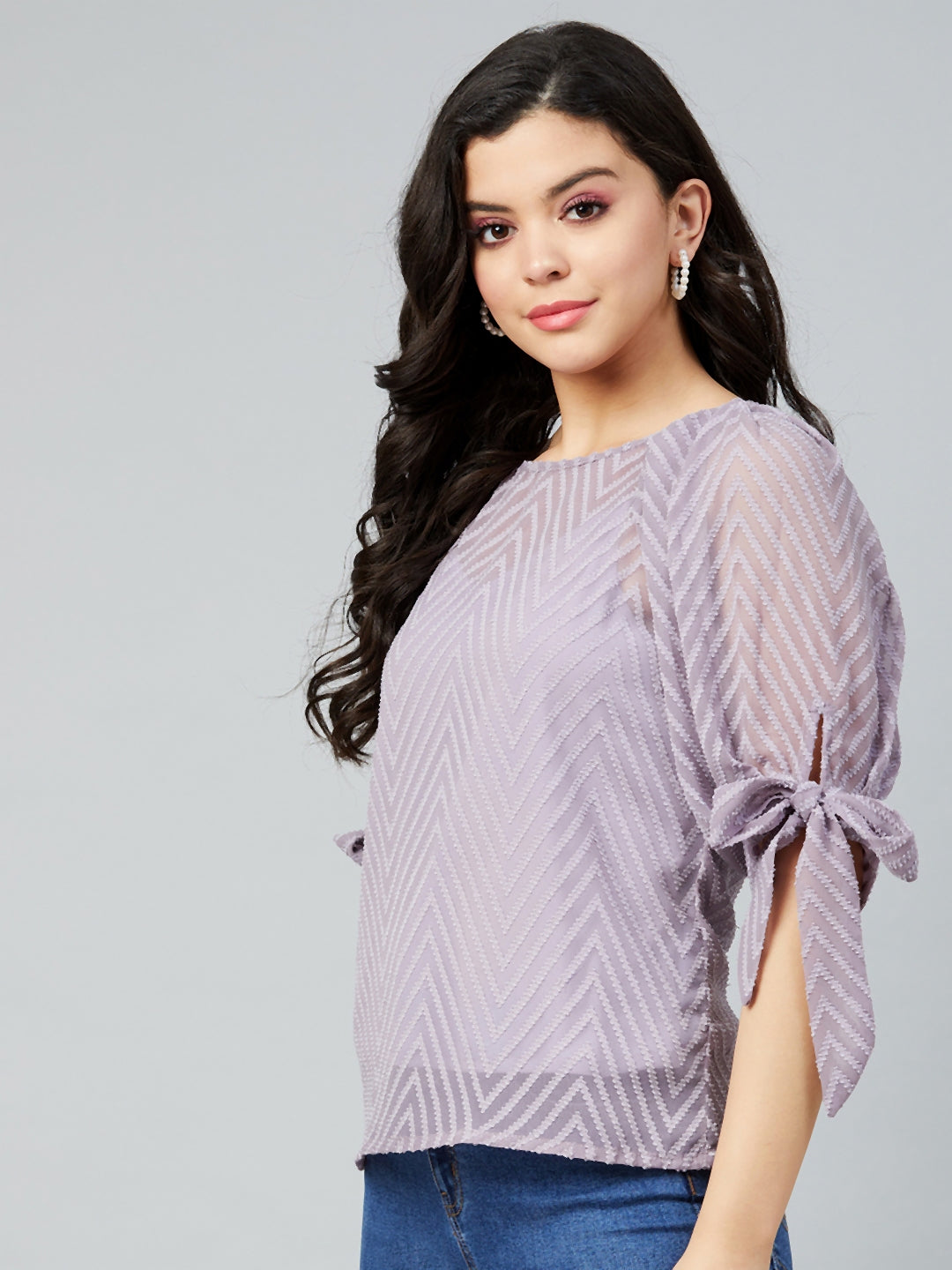 Athena Lavender Self-Design Puff Sleeves Dobby Top