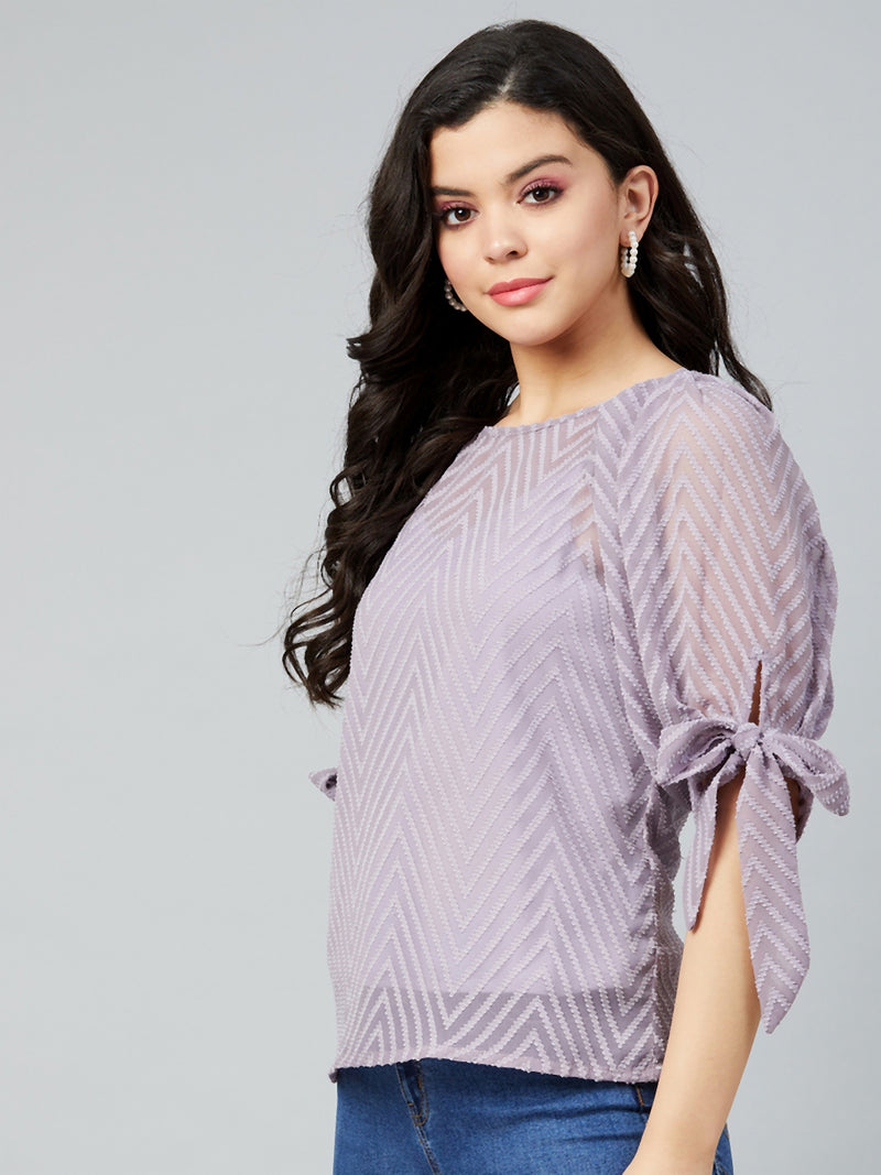 Athena Lavender Self-Design Puff Sleeves Dobby Top